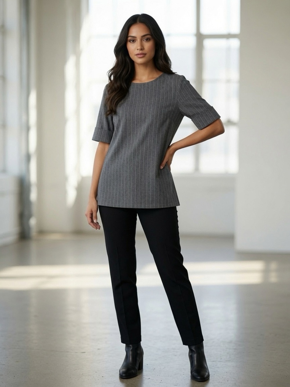 Estelle & Finn Cotton Linen Pin Stripe Functional Top Shirt Gray 6